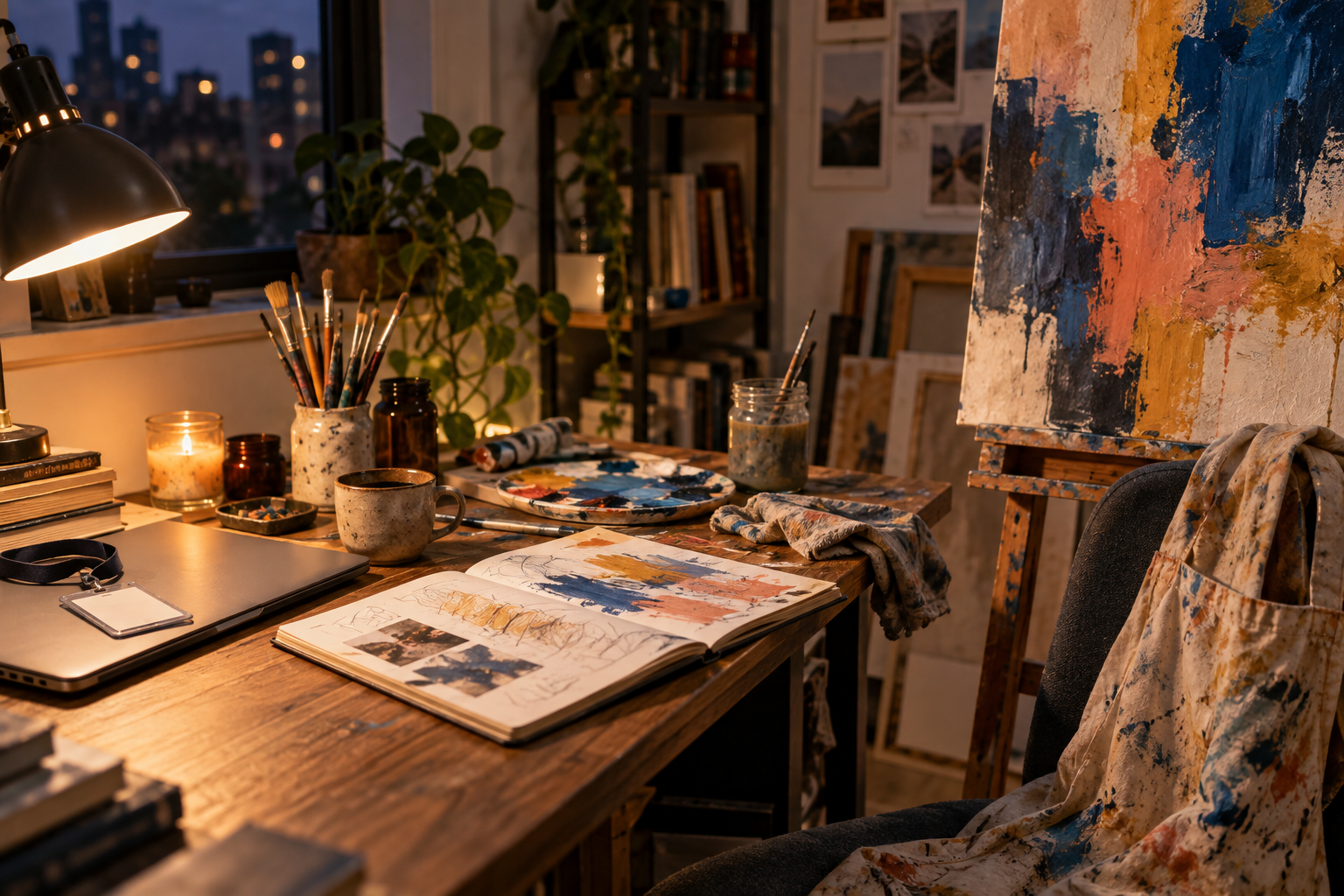 An evening home art studio with a closed laptop, sketchbook and unfinished abstract painting