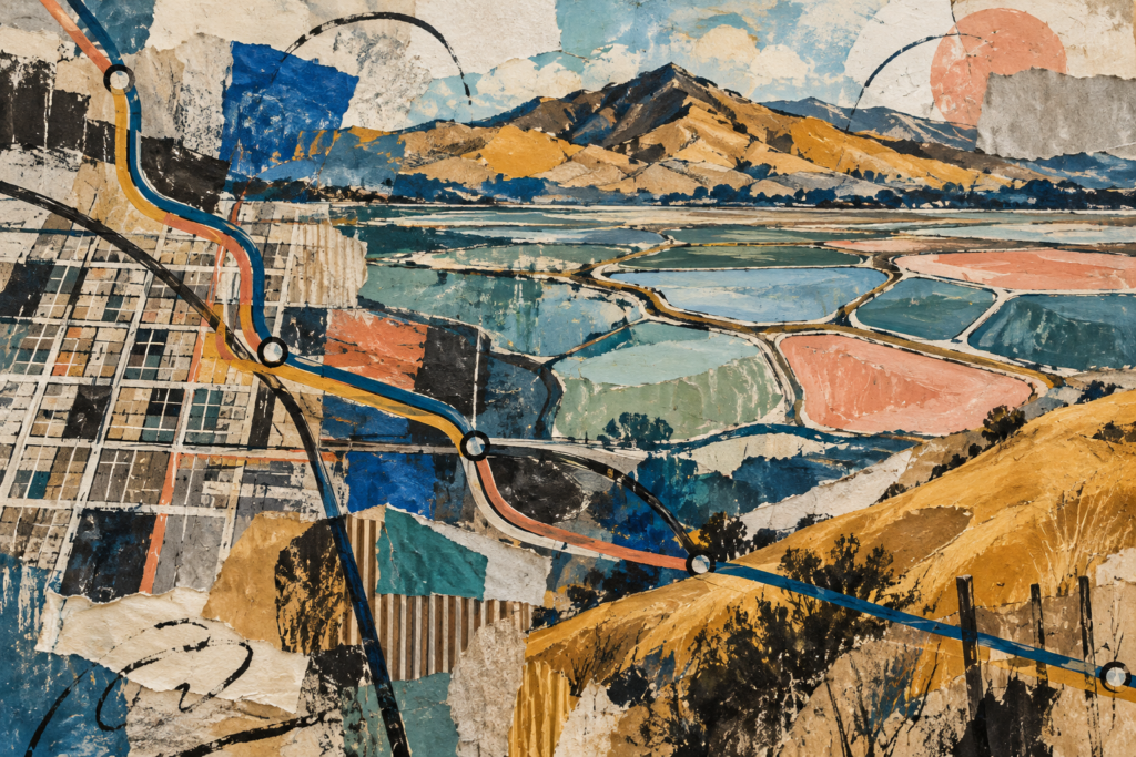 An abstract mixed-media interpretation of East Bay hills, salt ponds and transit lines