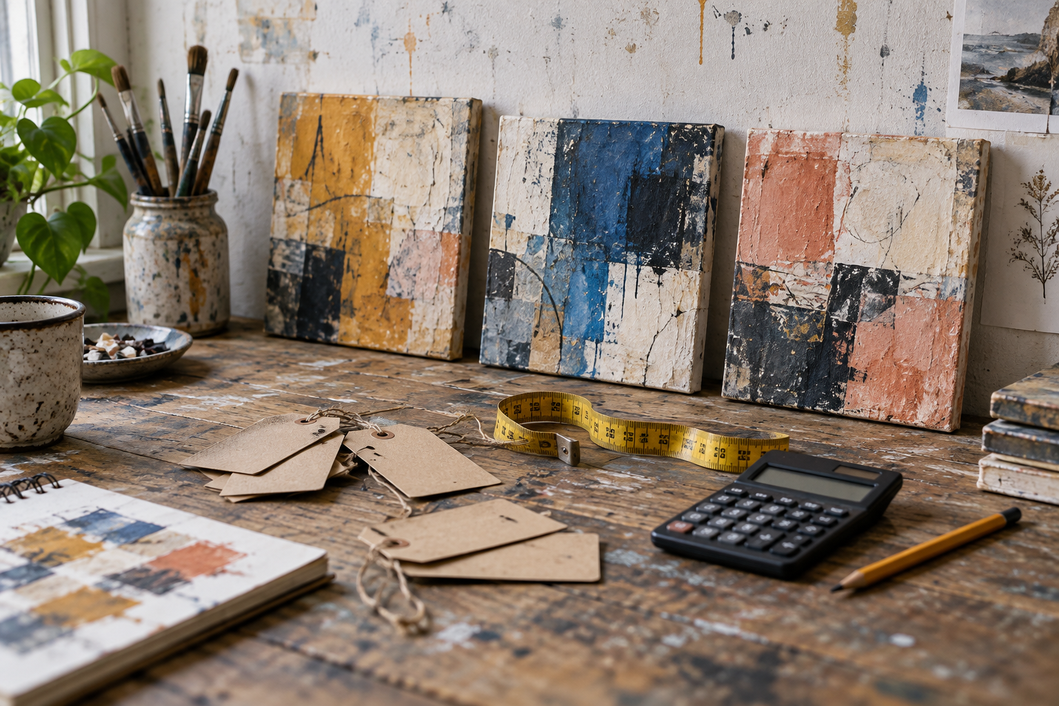 Small abstract paintings, blank tags, measuring tape and calculator on a studio table